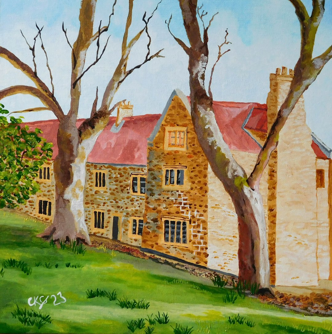 a painting of a brick building with trees in front of it