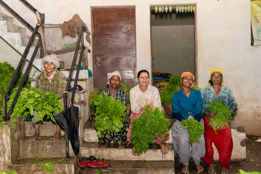 a group of people sitting on steps holding plants
