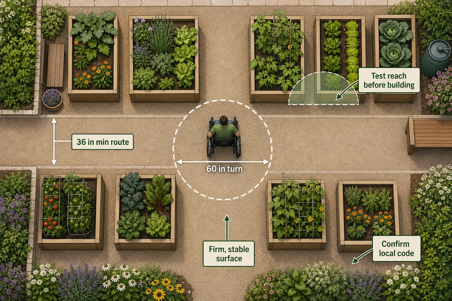 Top-down accessible community garden plan showing a 36-inch minimum route and 60-inch wheelchair turning space
