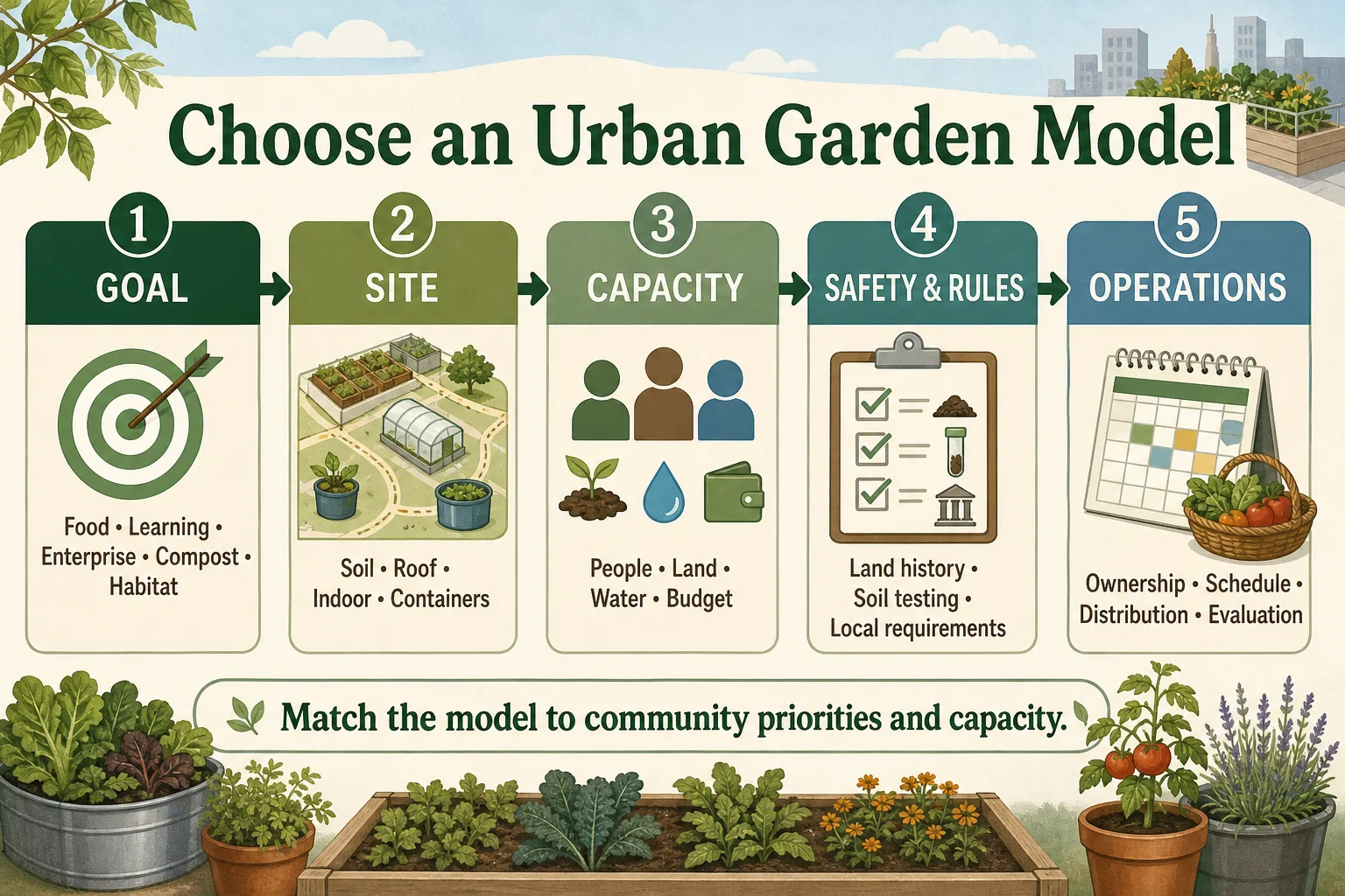 Five-step guide for choosing an urban garden model by goal, site, capacity, safety and rules, and operations