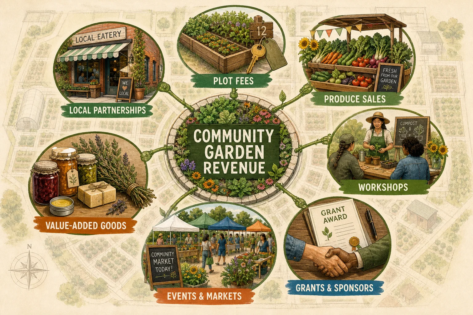 Infographic showing seven community garden revenue streams: plot fees, produce sales, workshops, grants and sponsors, events and markets, value-added goods, and local partnerships.