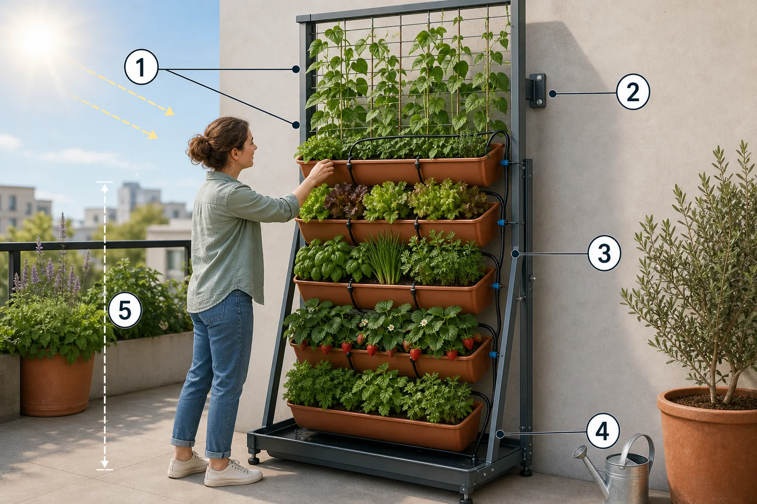 Vertical edible garden showing sunlight, secure framing, drip irrigation, runoff control, and reachable harvest height