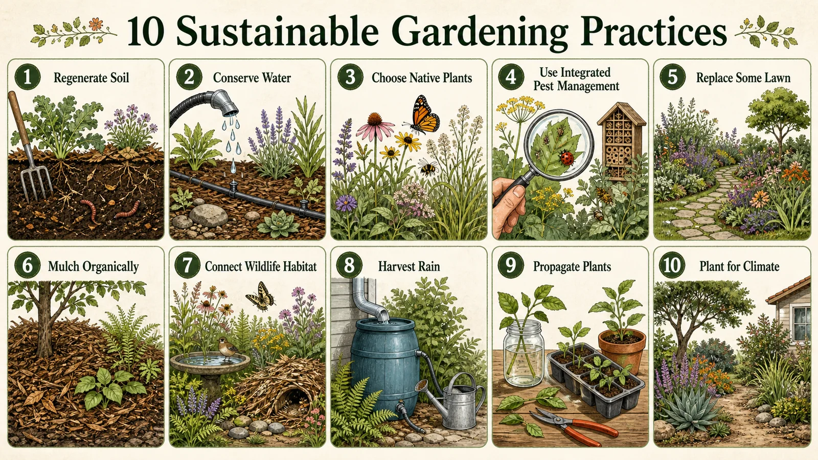 Ten sustainable gardening practices including soil regeneration, water conservation, native plants, integrated pest management, lawn replacement, mulching, wildlife habitat, rain harvesting, propagation, and climate-aware planting